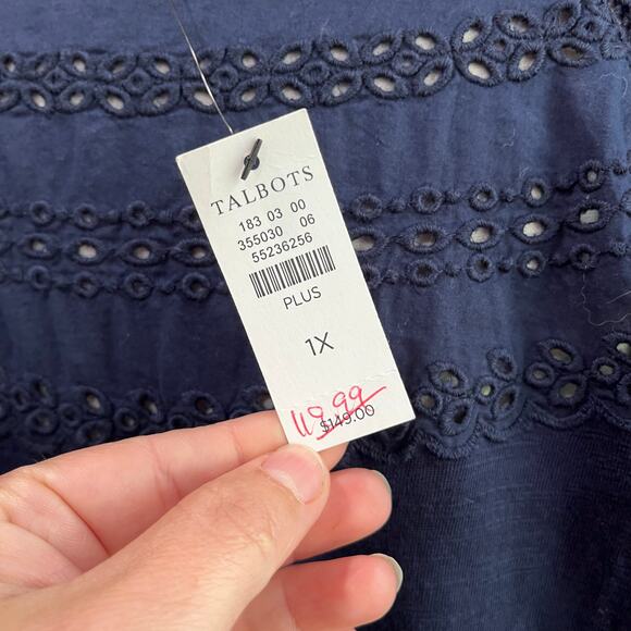 Talbots Navy Blue Eyelet Slub Knit Fit & Flare Elastic Waist Dress Plus Size 1X - Picture 8 of 10